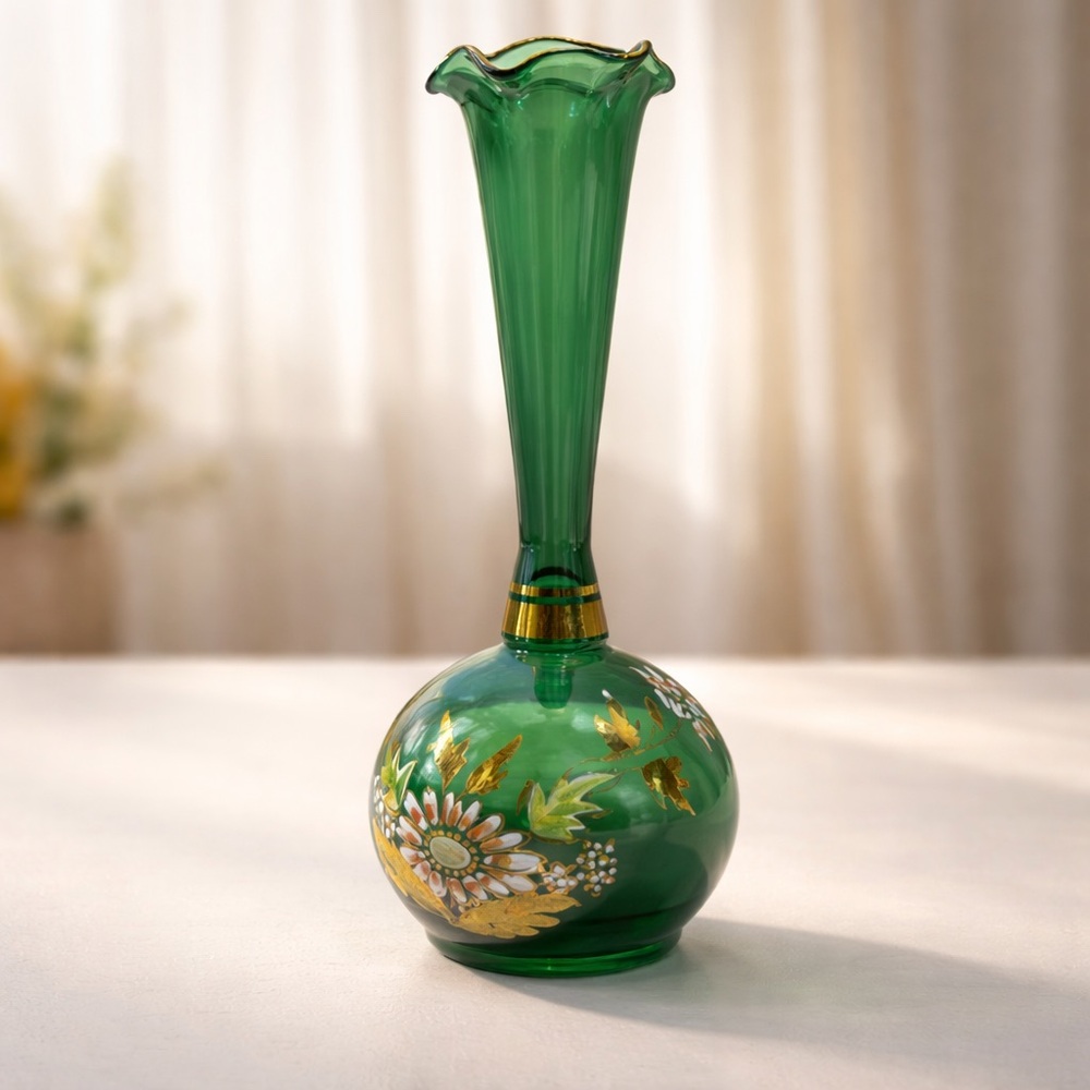 Bohemian Czech Glass Bud Vase Green Gold Trim Hand Painted Raised flowers 8"